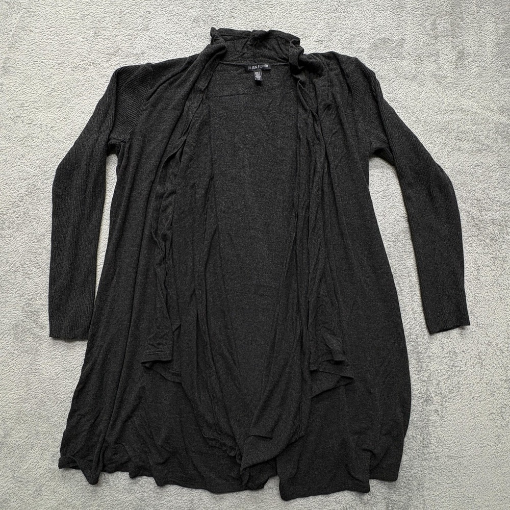 Eileen Fisher Sweater Womens Small Black Open Front Long Cardigan Italian Yarn